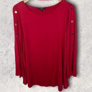 Cable Gauge Red Split Bell Sleeve Buttons Size 1X Blouse Crew Neck Top Blouse‎